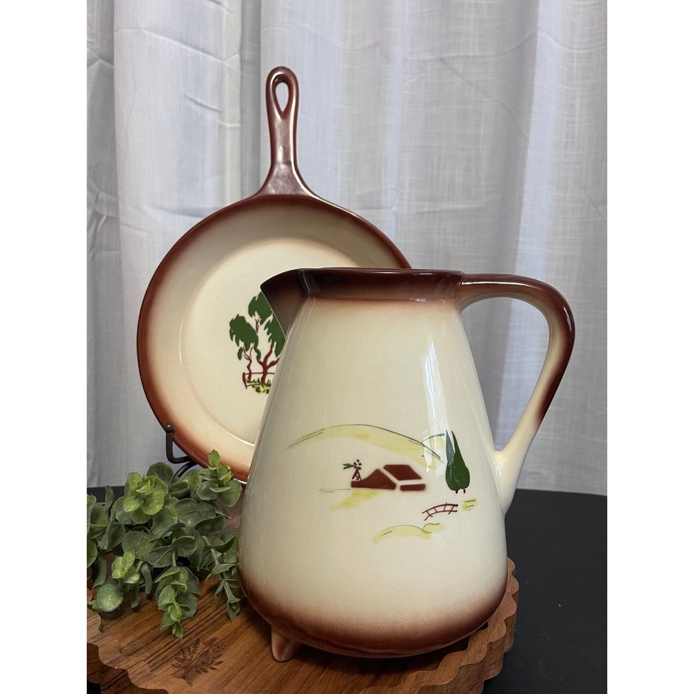 Brock California pottery 2pc Footed Pitcher & Pan Harvest MCM 40s Farmhouse Vtg
